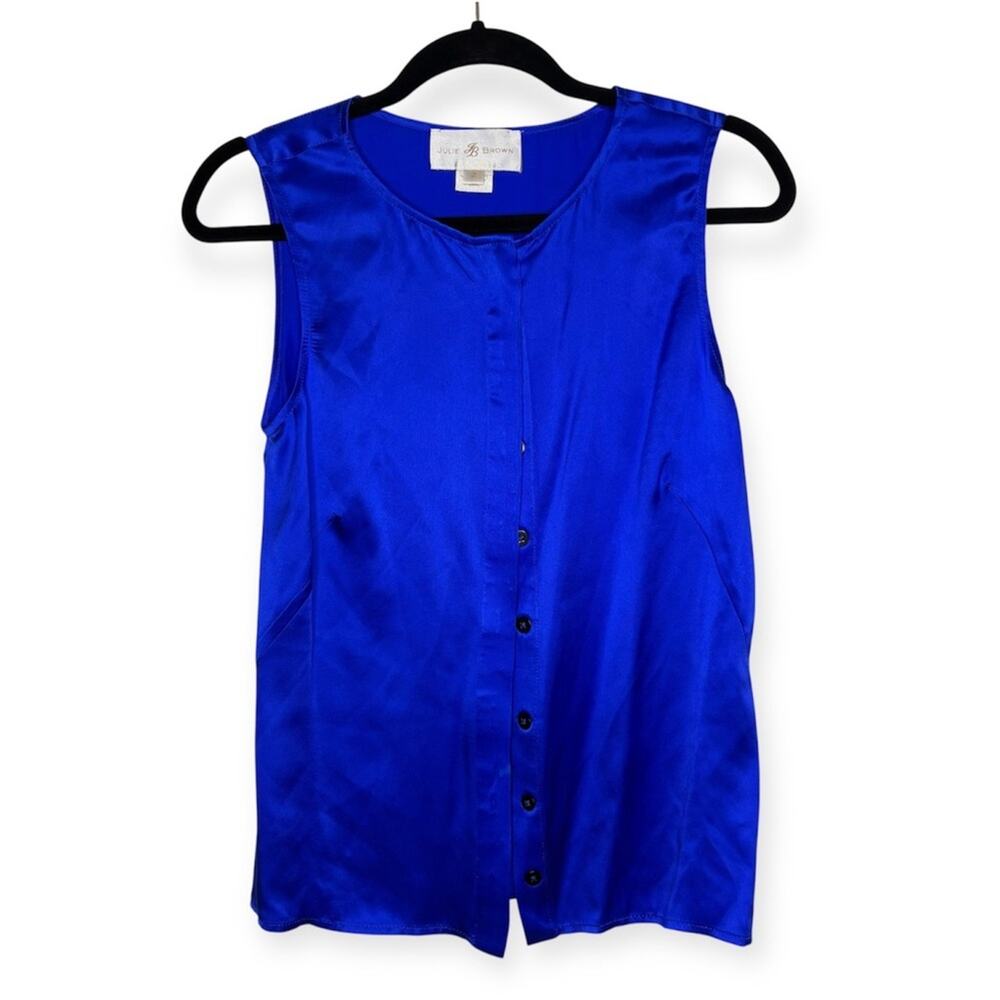 Vintage Julie Brown Cobalt Blue Sleeveless 100% Silk Vest Button-Up Top Size 2
